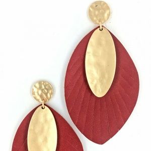 RED VEGAN LEATHER WITH MATTE GOLD FASHION EARRINGS